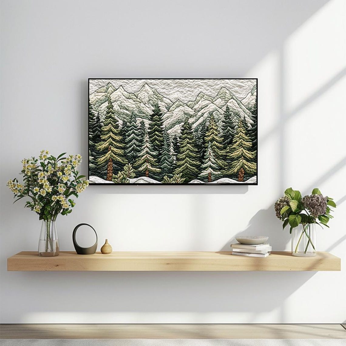 Frame Tv Art Textured Mountain Landscape With Lush Green Trees And Snowy Peaks Rustic Decor For Frame Tv Instant - Image 2
