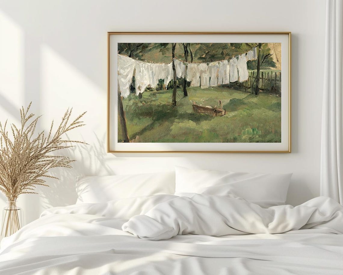 Rustic Clothesline White Linen Backyard Laundry Oil Painting Poster - Image 2