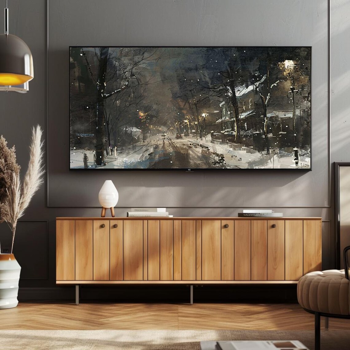 Snowy Night Street Glowing Street Lamps Winter Evening Poster - Image 2