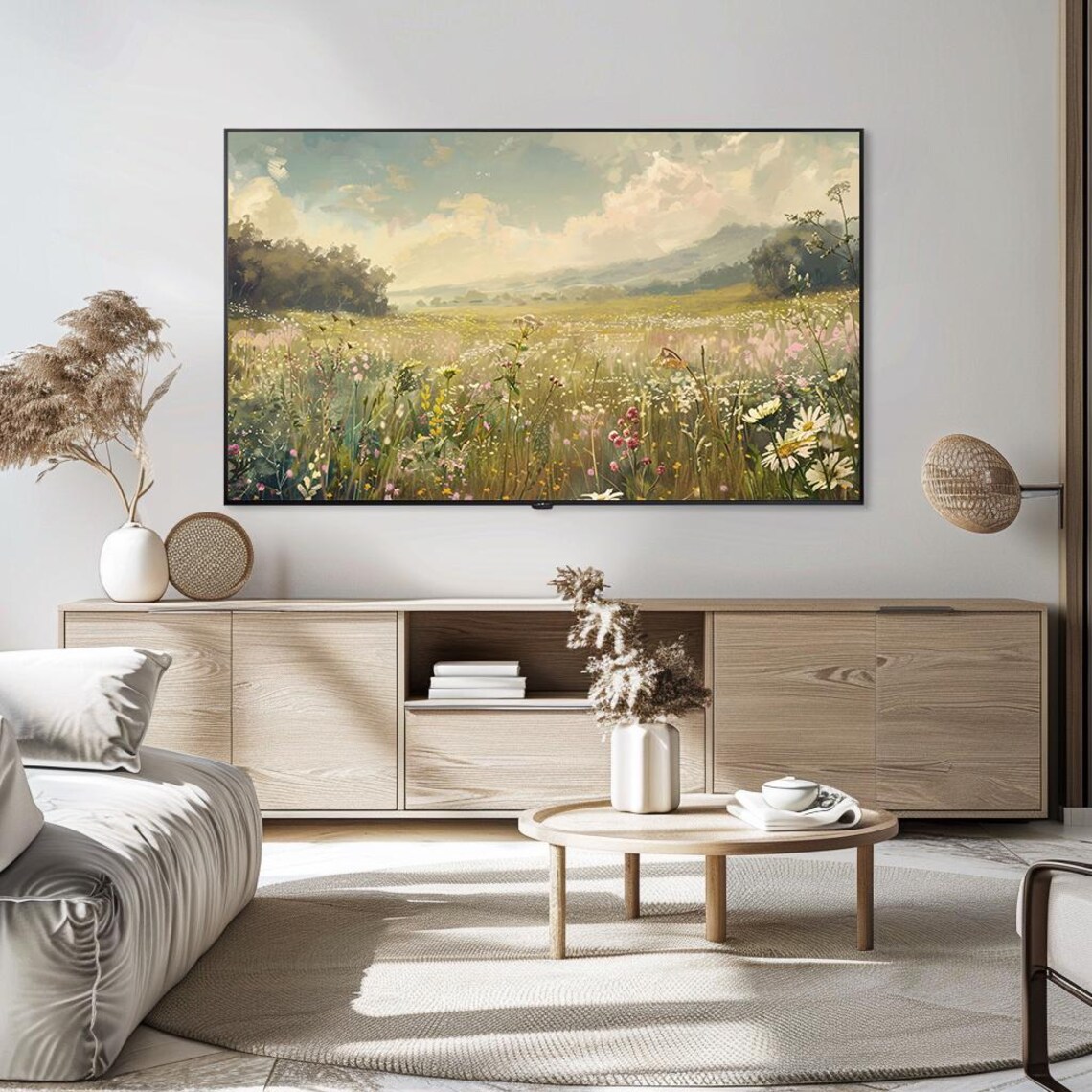 Wildflower Meadow Daisies Rolling Hills Soft Sky Oil Painting Poster - Image 5