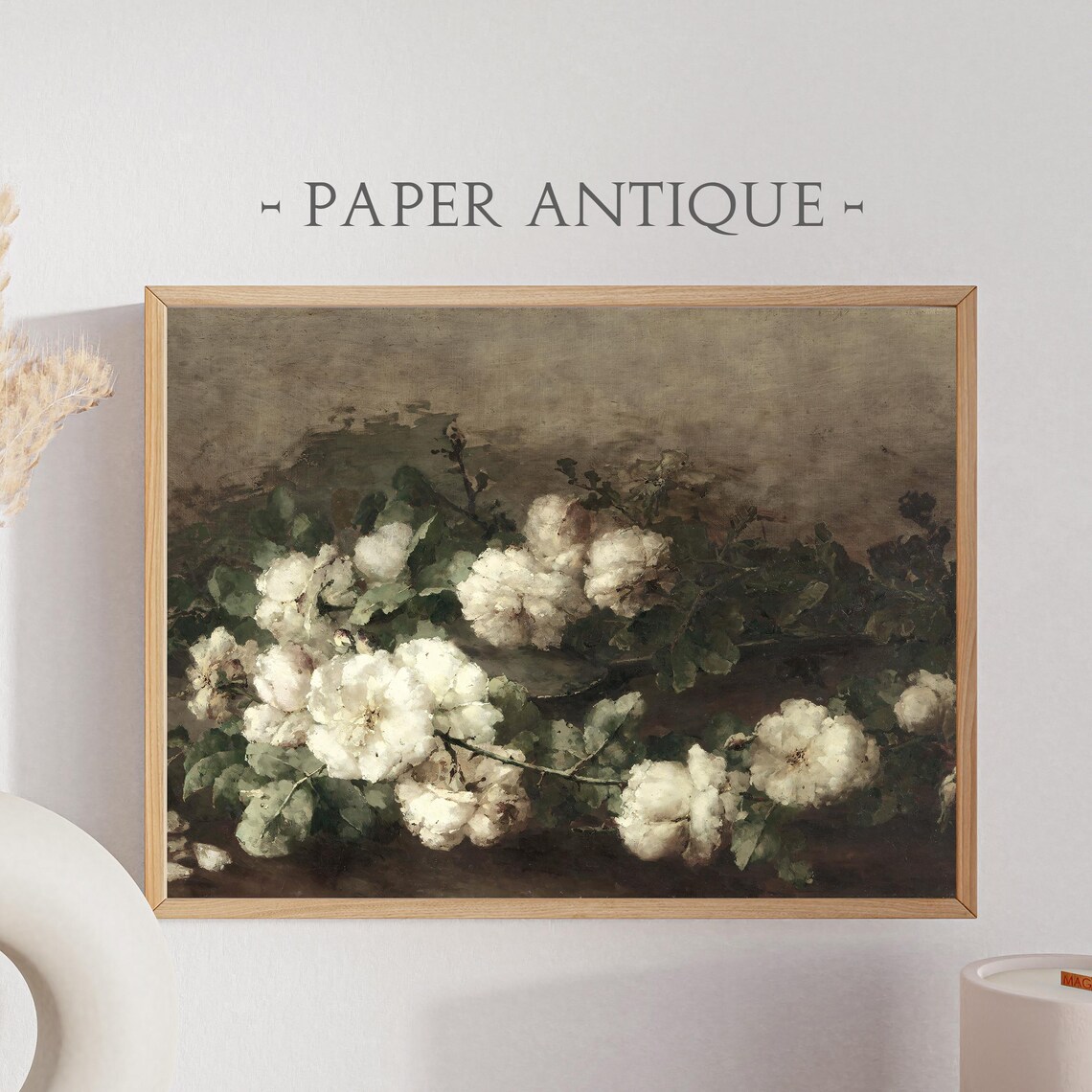 White Roses Dark Moody Still Life Vintage Floral Oil Painting Poster
