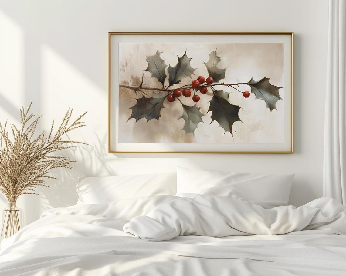Holly Branch With Red Berries Vintage Oil Painting Botanical Poster - Image 2