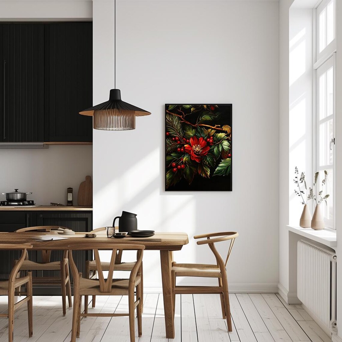Christmas Floral Arrangement Red Poinsettia And Berries Vintage Holiday Oil Painting Wall Art Print Pt - Image 4