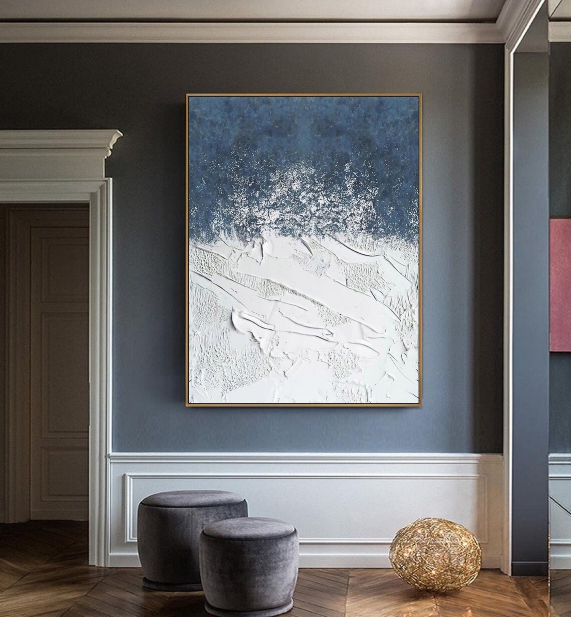Navy Night Sky White Snow Waves Textured Impasto Neutral Poster - Image 4
