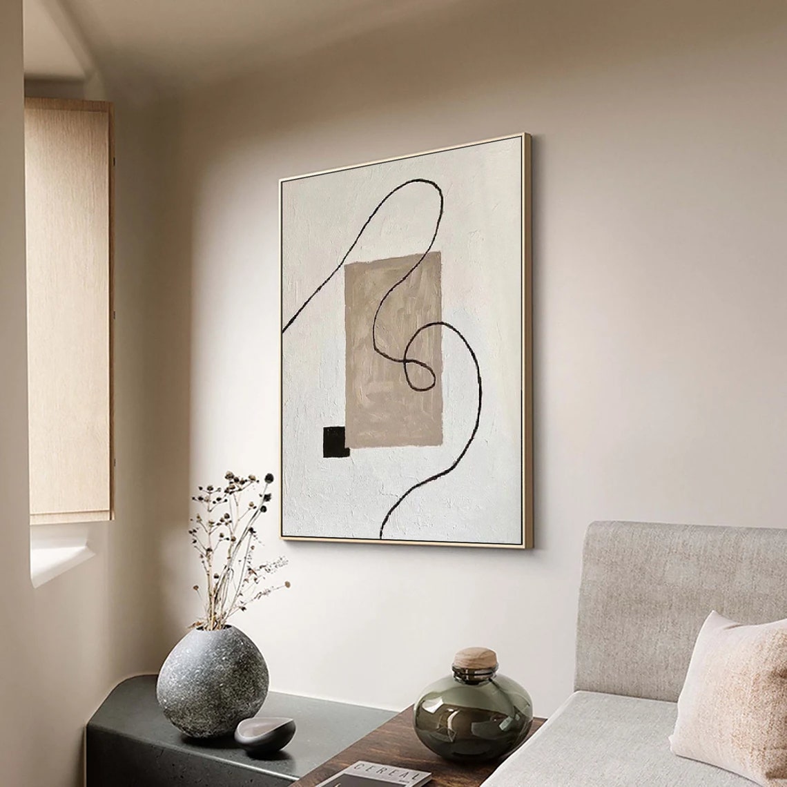 Minimalist Black Line Flow on White With Beige Block Abstract Poster - Image 3