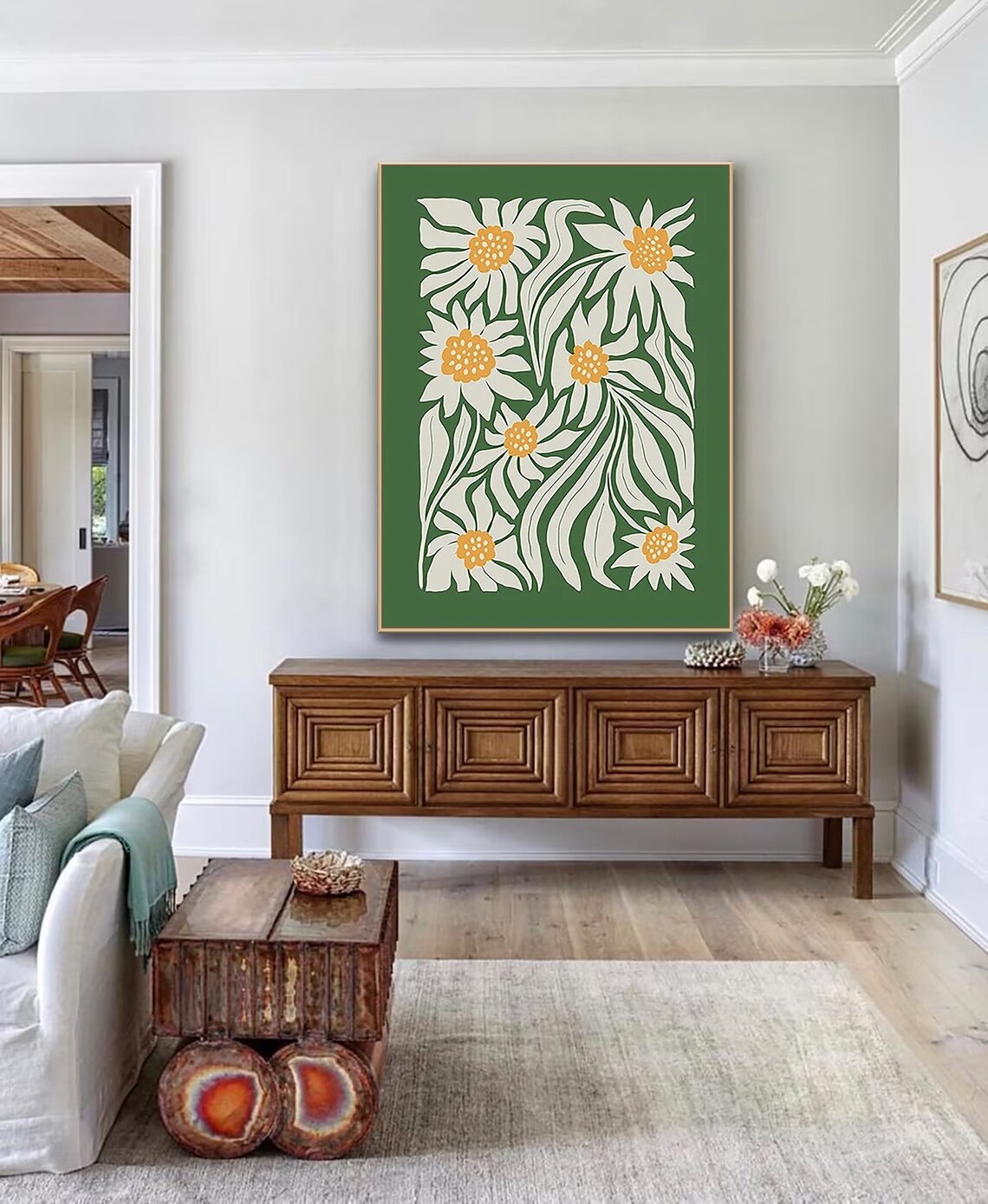 Green Retro Daisy Floral Art With Mustard Centers Botanical Poster - Image 4