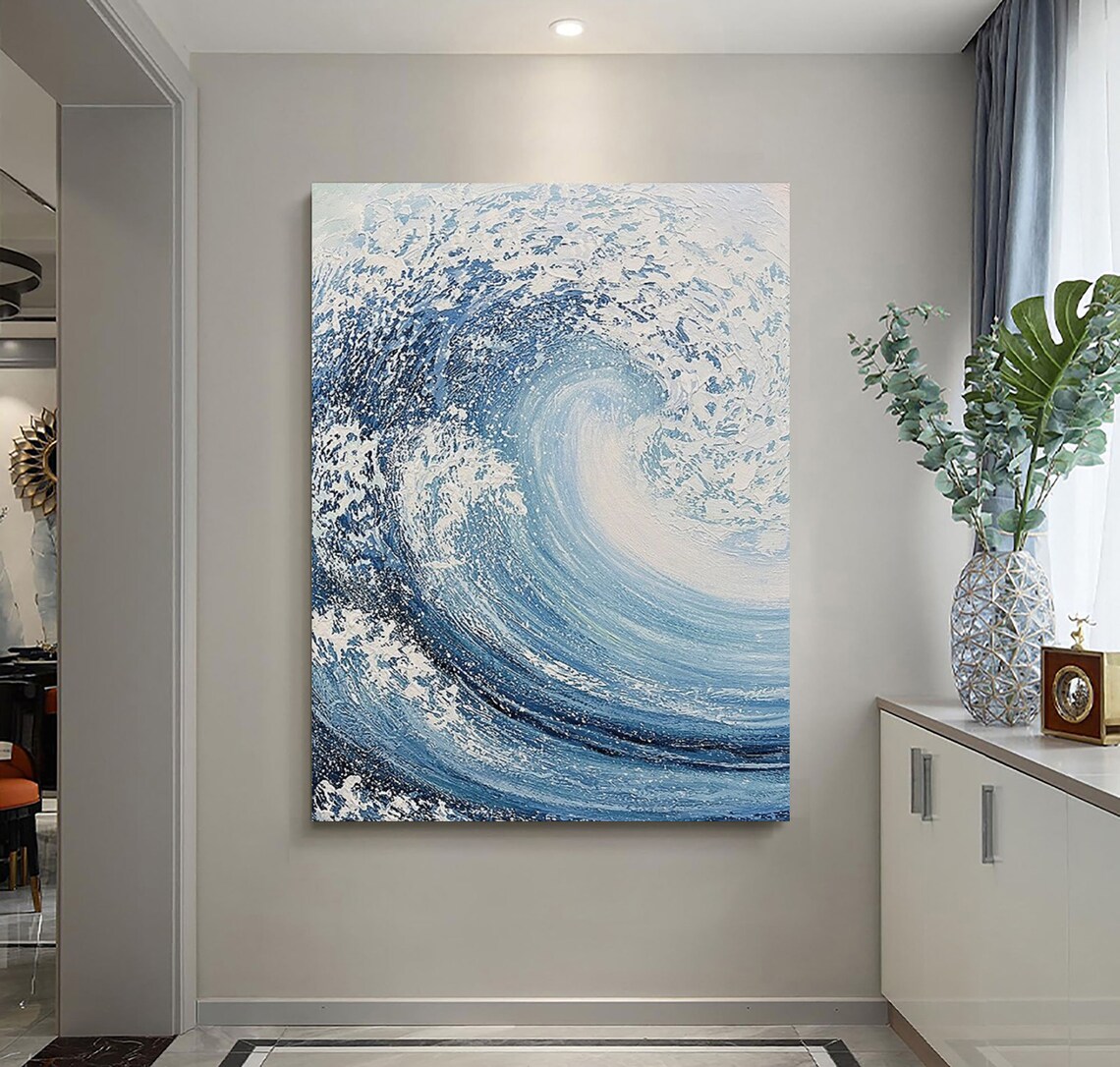Curling Blue Ocean Wave Painted in Thick Textured Oil Poster - Image 3