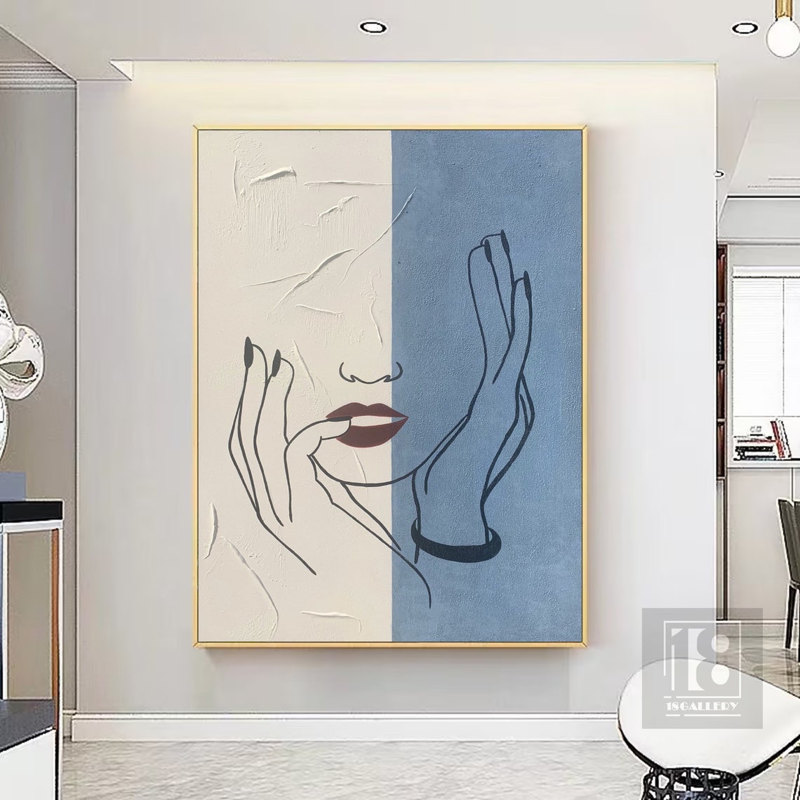 Minimalist Line Art Woman Face with Red Lips on Two Tone Blue Poster - Image 4