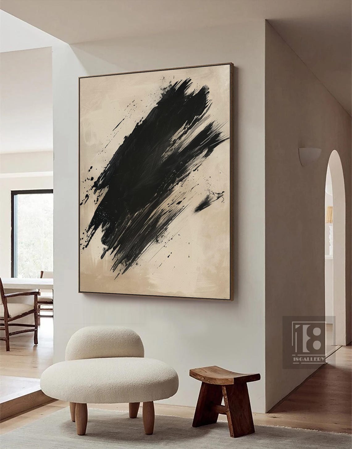 Bold Diagonal Black Brushstrokes on Warm Beige Abstract Poster - Image 2