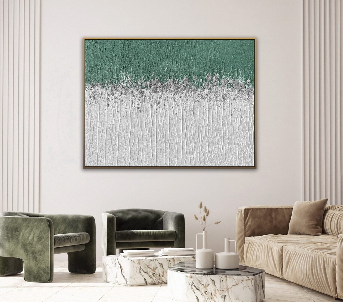 Large Green White Abstract Painting On Wall Art Green White Minimalist Painting Green White Textured Wall Art Green Textured Painting - Image 4
