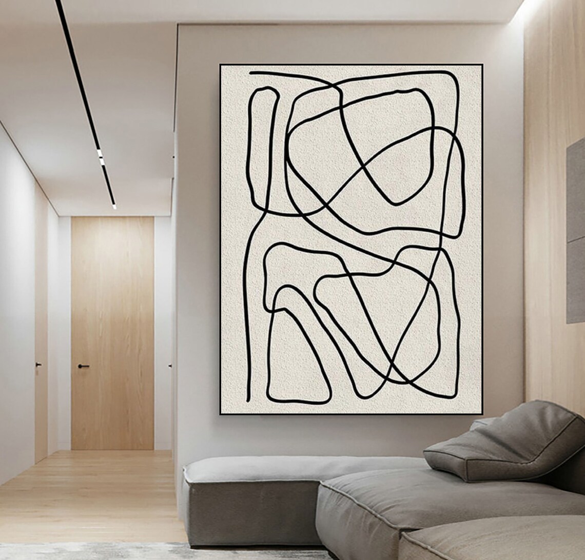 Scandinavian Wall Art White Textured Painting On Black And White Abstract Line Art Large White Wall Art Modern Minimalist Painting - Image 2