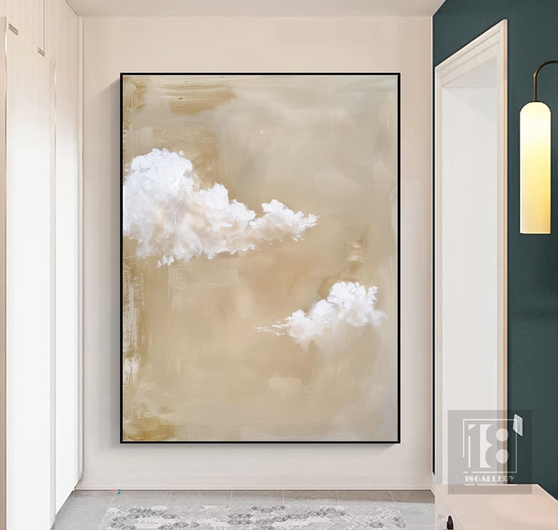 Two Floating White Clouds on Golden Beige Vertical Abstract Poster - Image 3