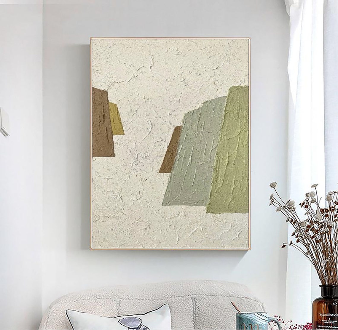 Cream Textured Blocks Brown Green Abstract Earth Tone Art Poster - Image 3