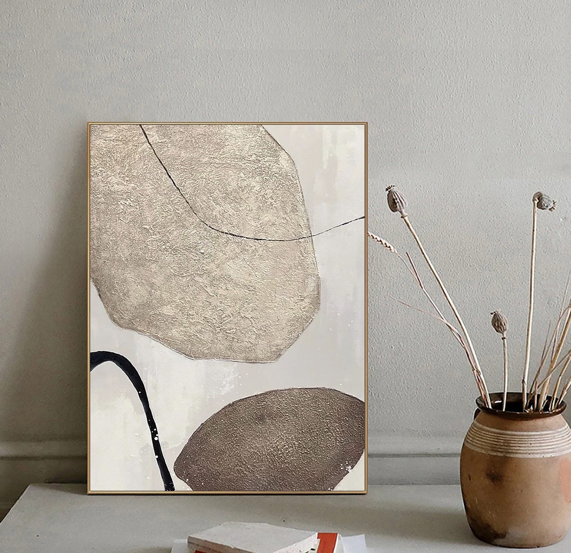 Beige Boulders Black Curve Line Textured Minimalist Neutral Poster - Image 2