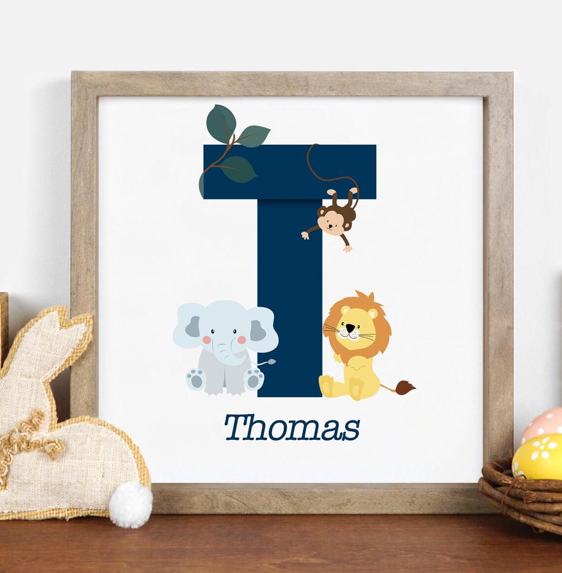 Personalized Safari Initial T Monkey Lion Elephant Name Poster