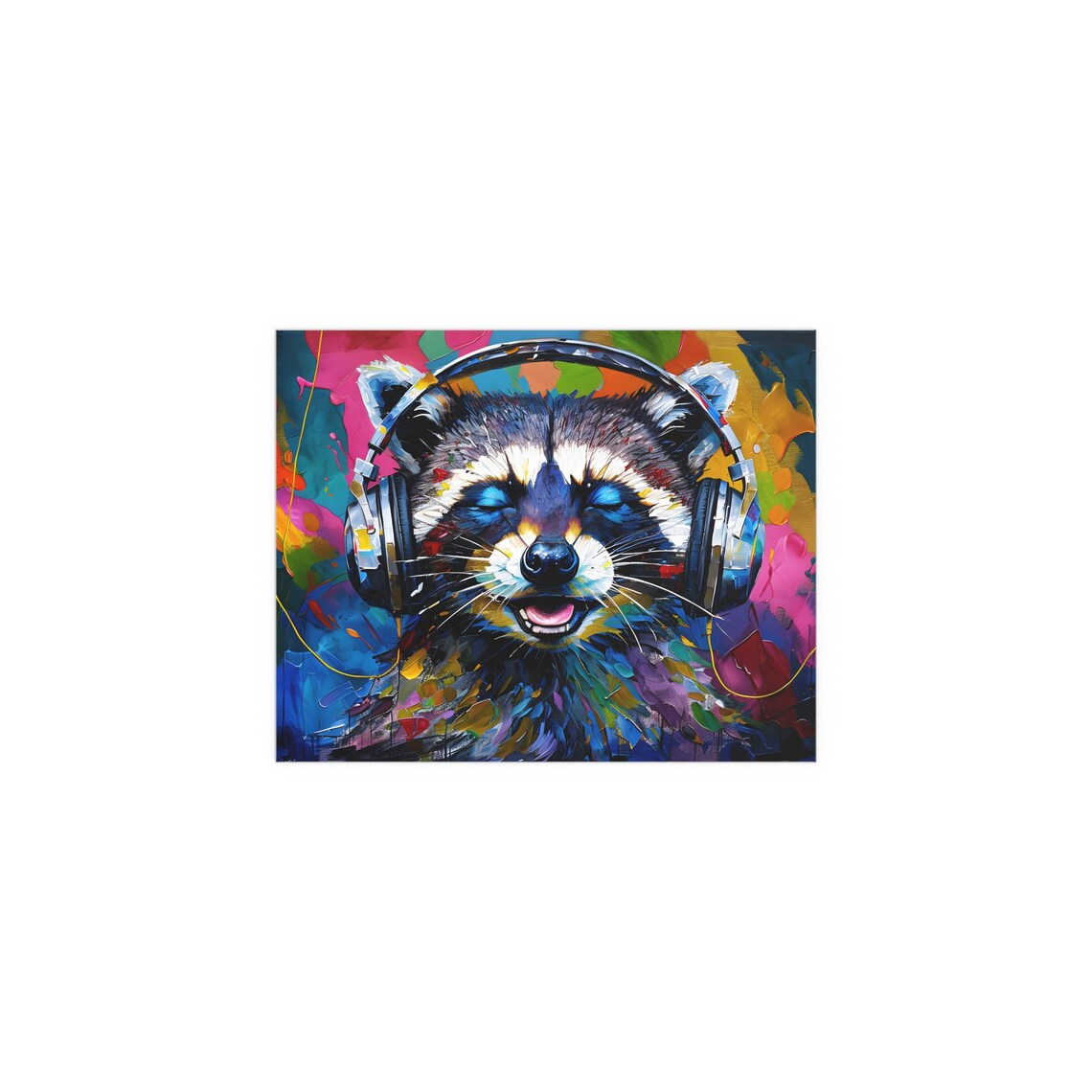 Joyful Raccoon Wearing Headphones Smiling in Splash Art Poster