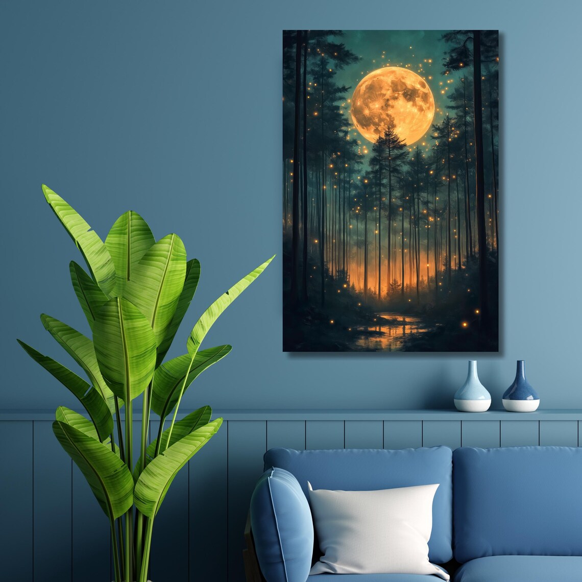 Golden Full Moon Over Dark Pine Forest Starry Night Sky Wall Art
