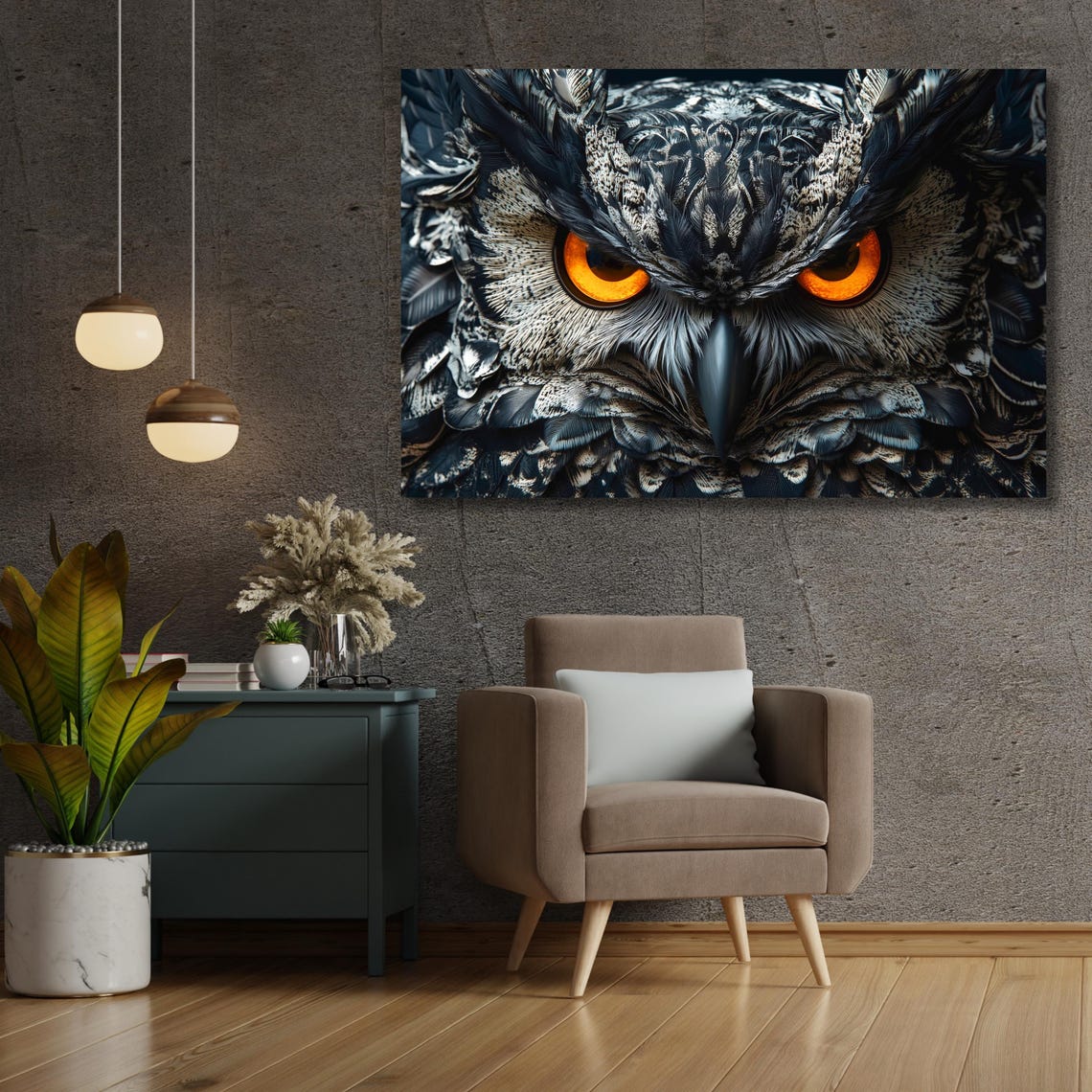 Dramatic Owl Face Close-Up with Glowing Amber Eyes Nature Poster
