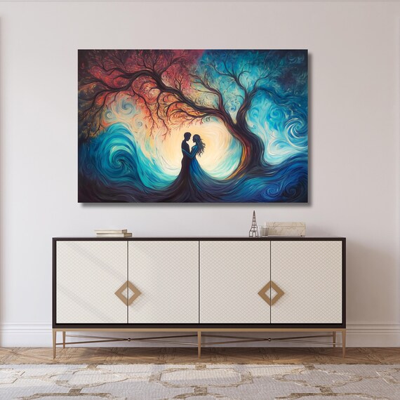 Tree Of Love Soulmate Wall Art Symbolic Wall Decor Vibrant Colorful Silhouettes Romantic Couple Art Print Wedding Gift