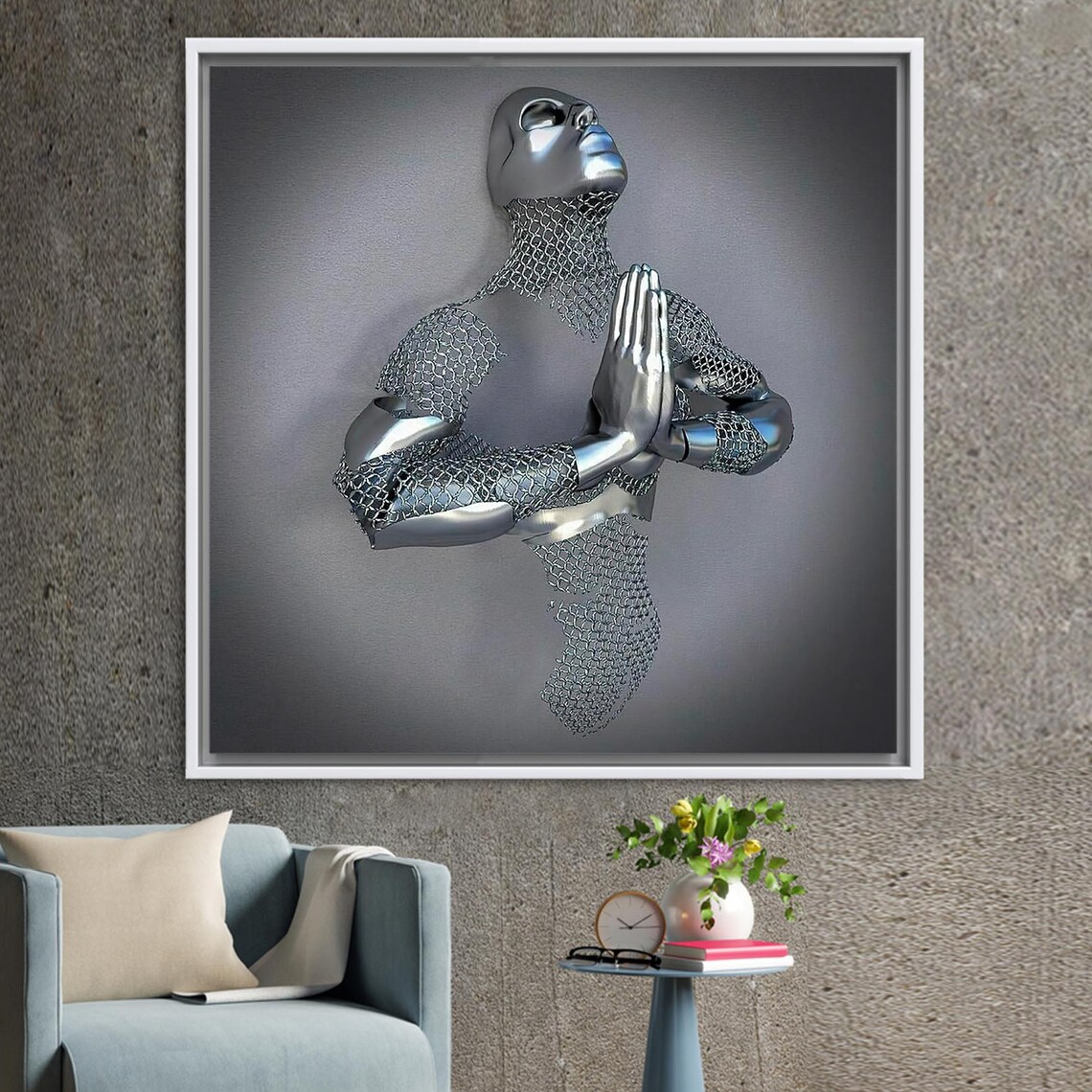 Futuristic Praying Figure Art Print, Modern Metallic Decor
