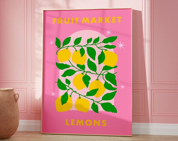 Fruit Market Lemons Pink Background Retro Citrus Kitchen Art Poster