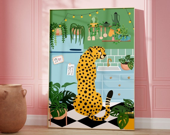Leopard In Kitchen Print Plants Boho Home Decor Animal Wall Art Flower Prints A5a4a3a2a15x74x6