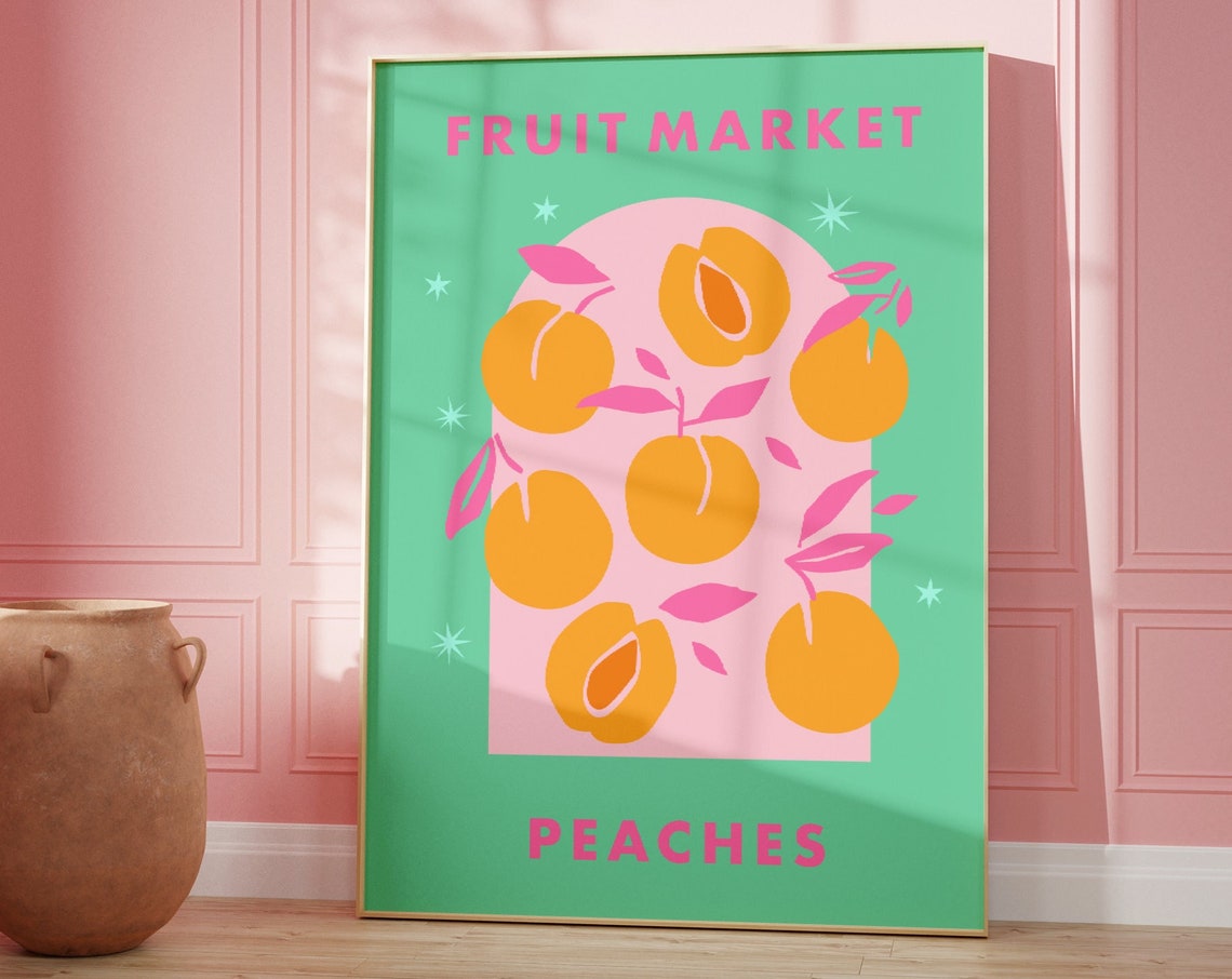 Fruit Market Peaches Mint Green Background Retro Kitchen Wall Poster
