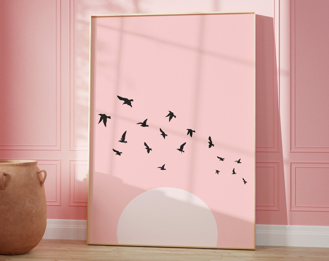 Pink Sky Bird Silhouettes Over A Pale Sun Minimalist Art Print