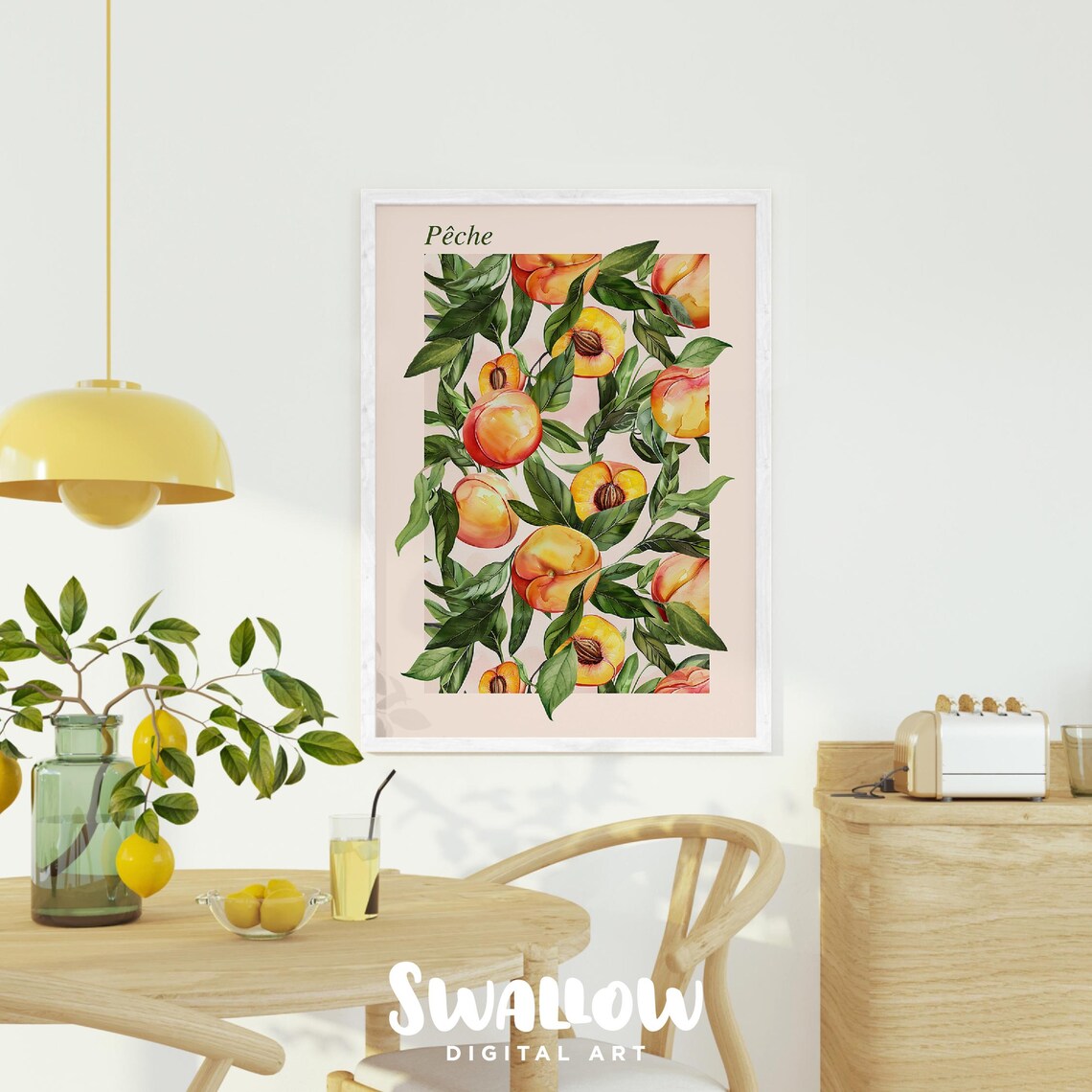 Kitchen Wall Art Fruit Prints Peach Drawing Boho Kitchen Decor Watercolor Fruit Wall Art Positive Artwork - Image 2