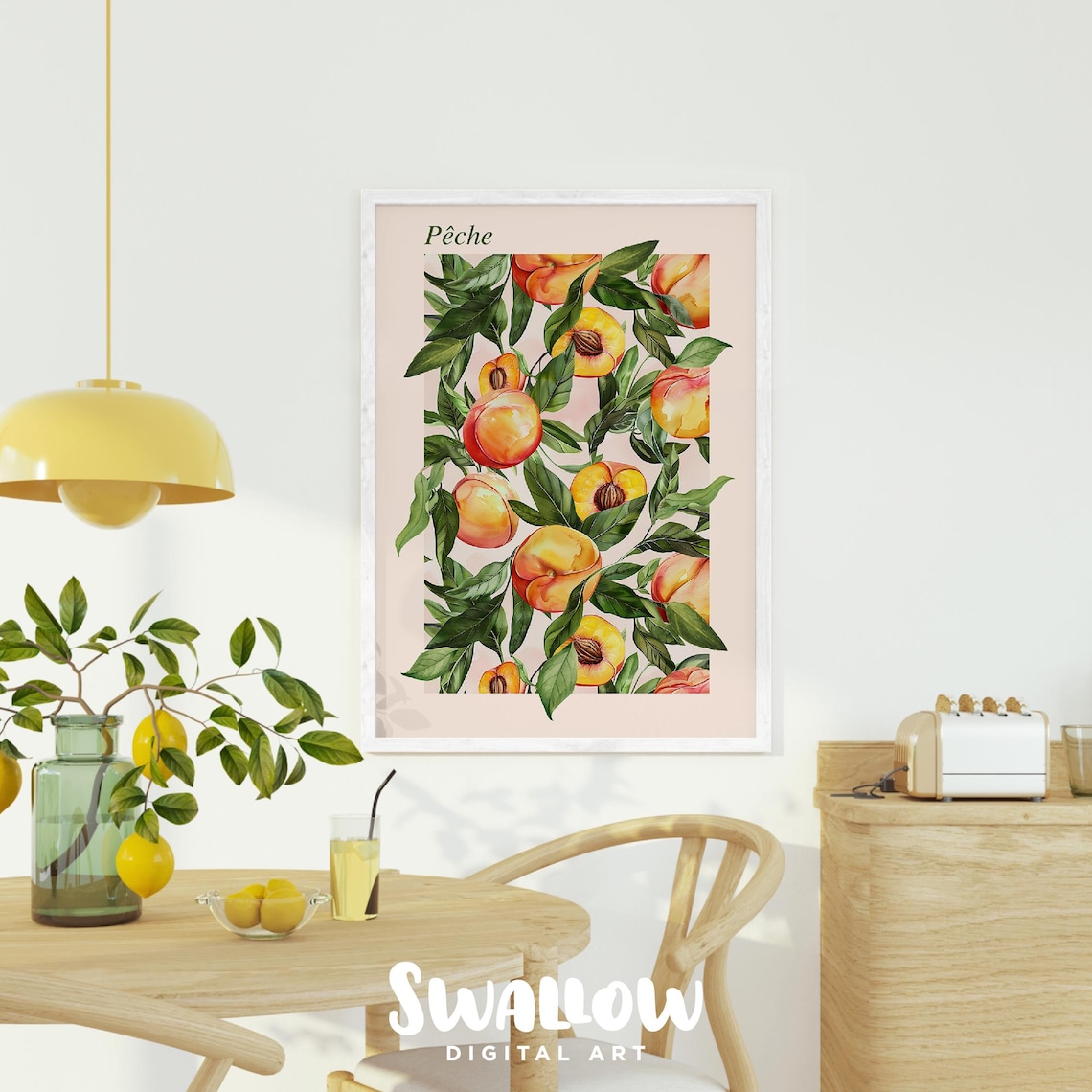 Peche Peach Watercolor Botanical Fruit Illustration Kitchen Art Poster - Image 2
