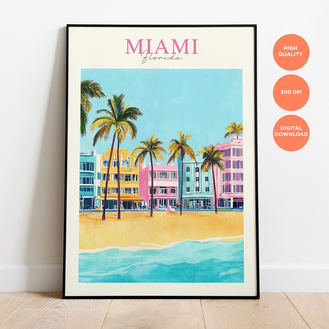 Miami Florida Art Deco Palms Beach Pastel Ocean Travel Poster - Image 3