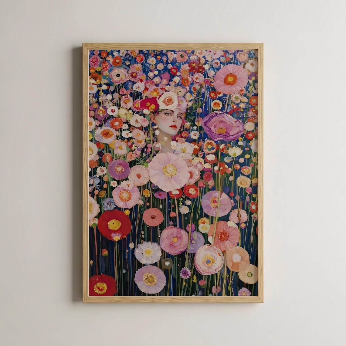 Dreamy Woman Among Giant Flowers Klimt Inspired Floral Art Poster