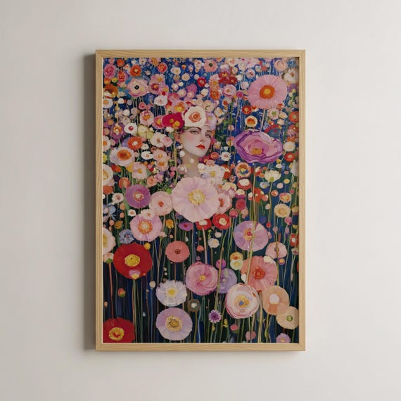 Klimt Art Print Floral Wall Nouveau Decor Dreamy Woman Illustration Gustav Inspired Vintage Home Unique Gift