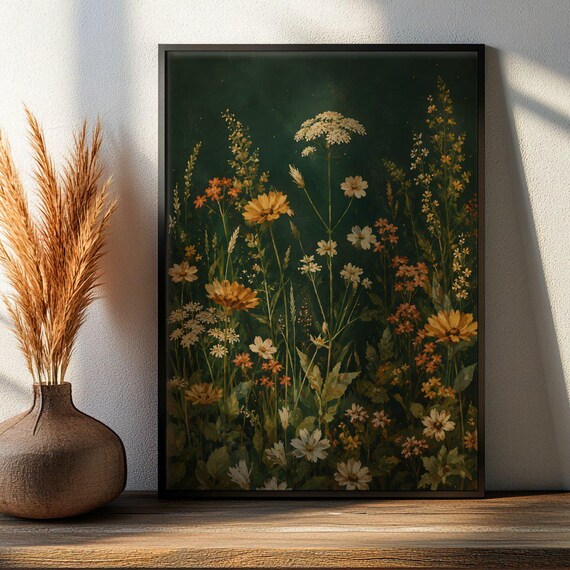 Wildflower Meadow on Dark Green Vintage Botanical Style Poster