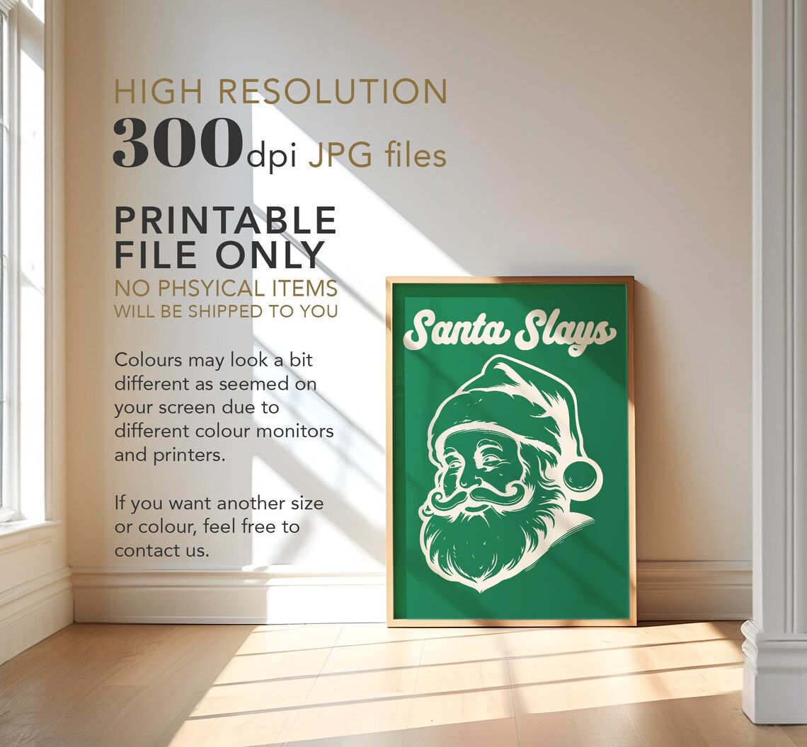 Santa Slays Retro Funny Santa Face Green Vintage Holiday Poster - Image 3