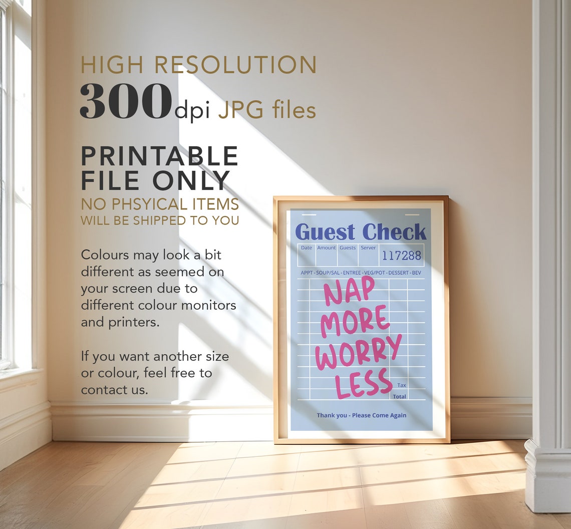Nap More Worry Less Guest Check Retro Diner Funny Quote Wall Poster - Image 3