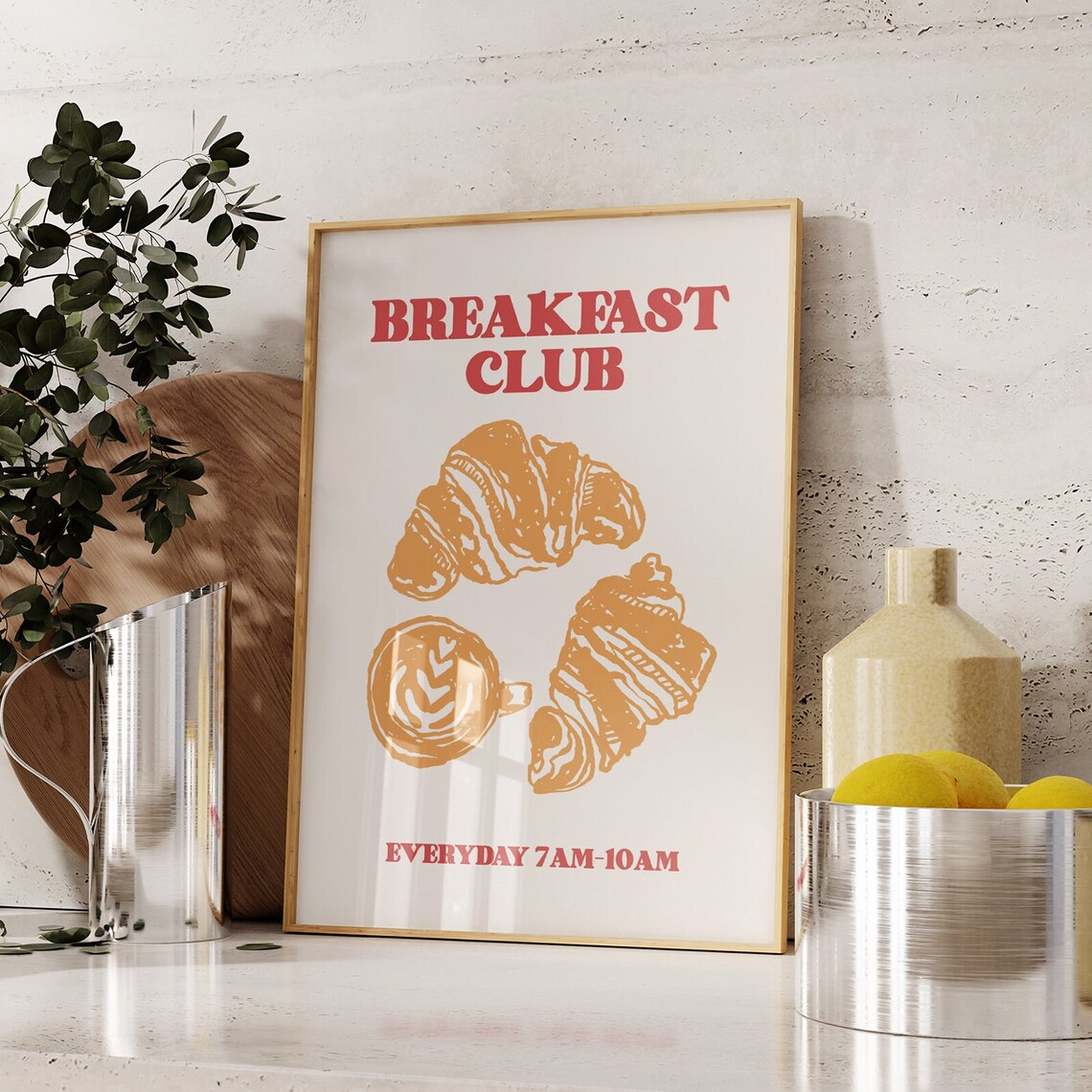 Breakfast Club Croissant Latte Art Retro Kitchen Cafe Poster
