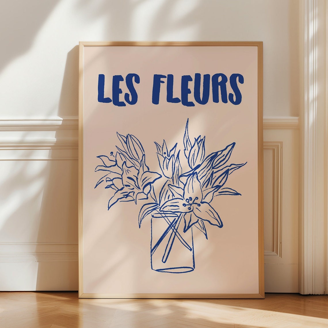 Les Fleurs Blue Lily Bouquet Vase Line Art French Floral Decor Poster