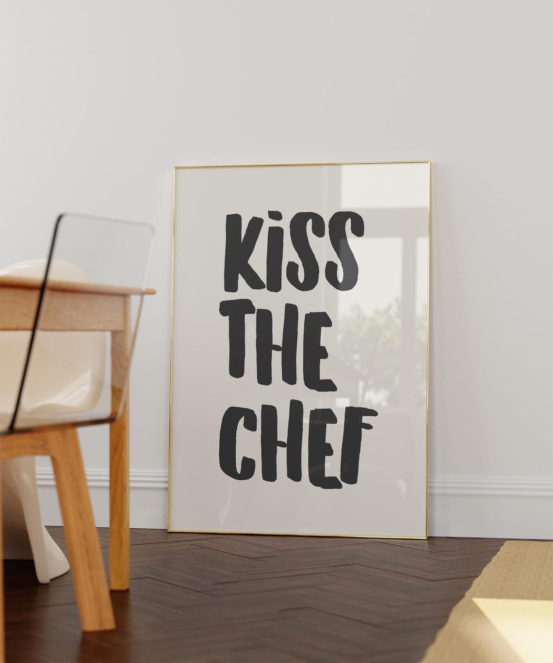 Kiss the Chef Black Brush Lettering Kitchen Quote Poster Gift