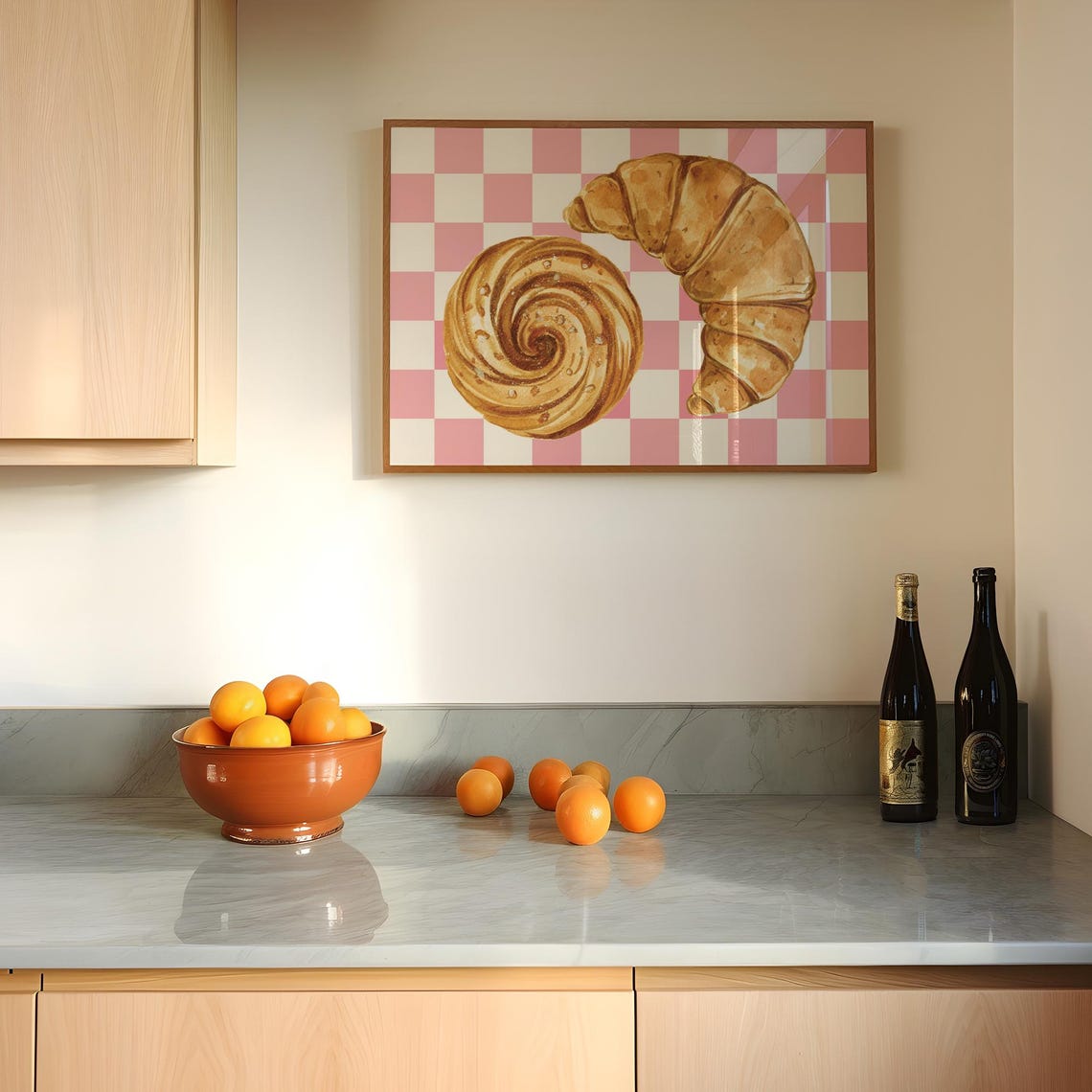 Croissant Cinnamon Roll Watercolor Pink Checker Cute Bakery Poster - Image 2
