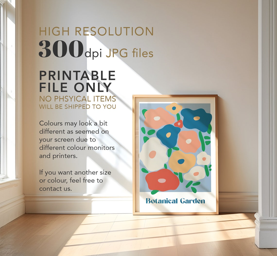 Botanical Garden Colorful Abstract Flowers Blue Retro Modern Poster - Image 4
