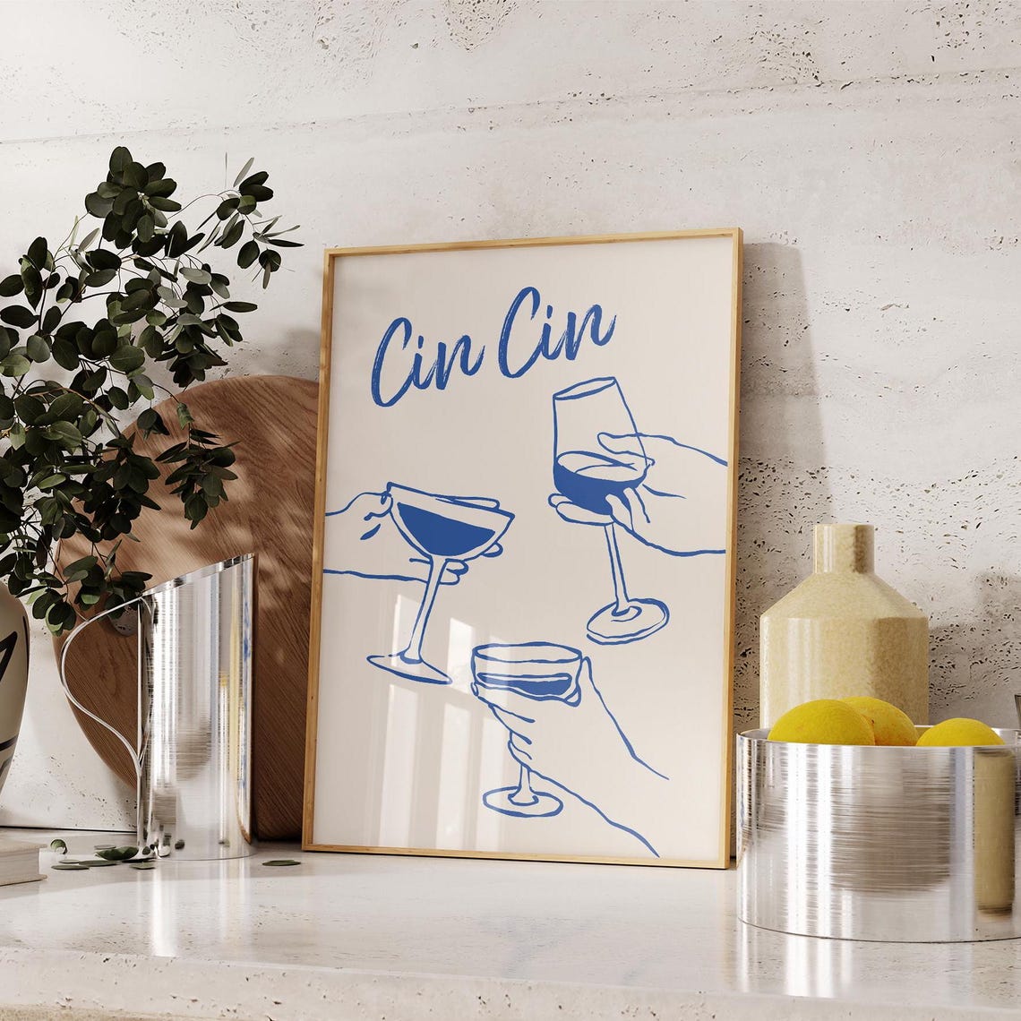 Cin Cin Blue Wine Glasses Toast Line Art Retro Bar Cart Poster - Image 4