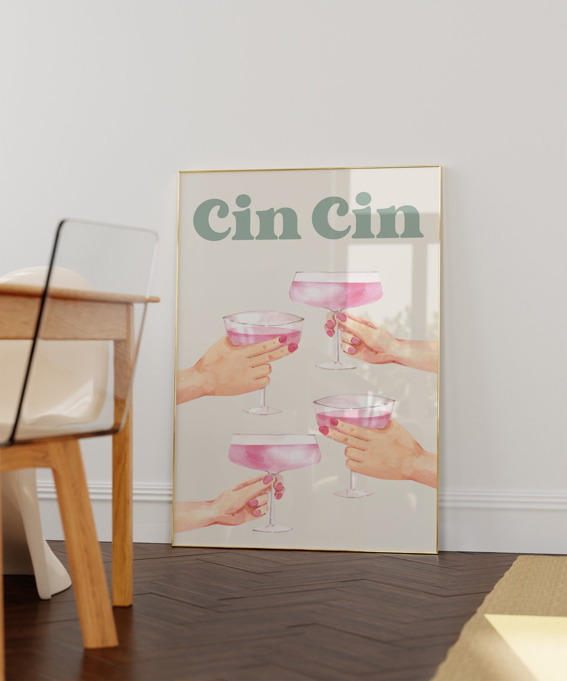 Cin Cin Cheers Pink Cocktail Coupe Toast Watercolor Bar Poster - Image 2