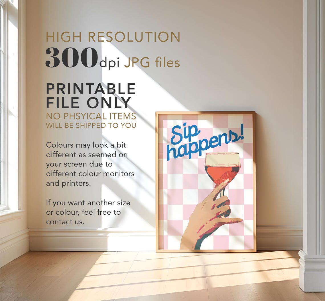 Sip Happens Funny Wine Quote Pink Checkered Retro Bar Poster - Image 4
