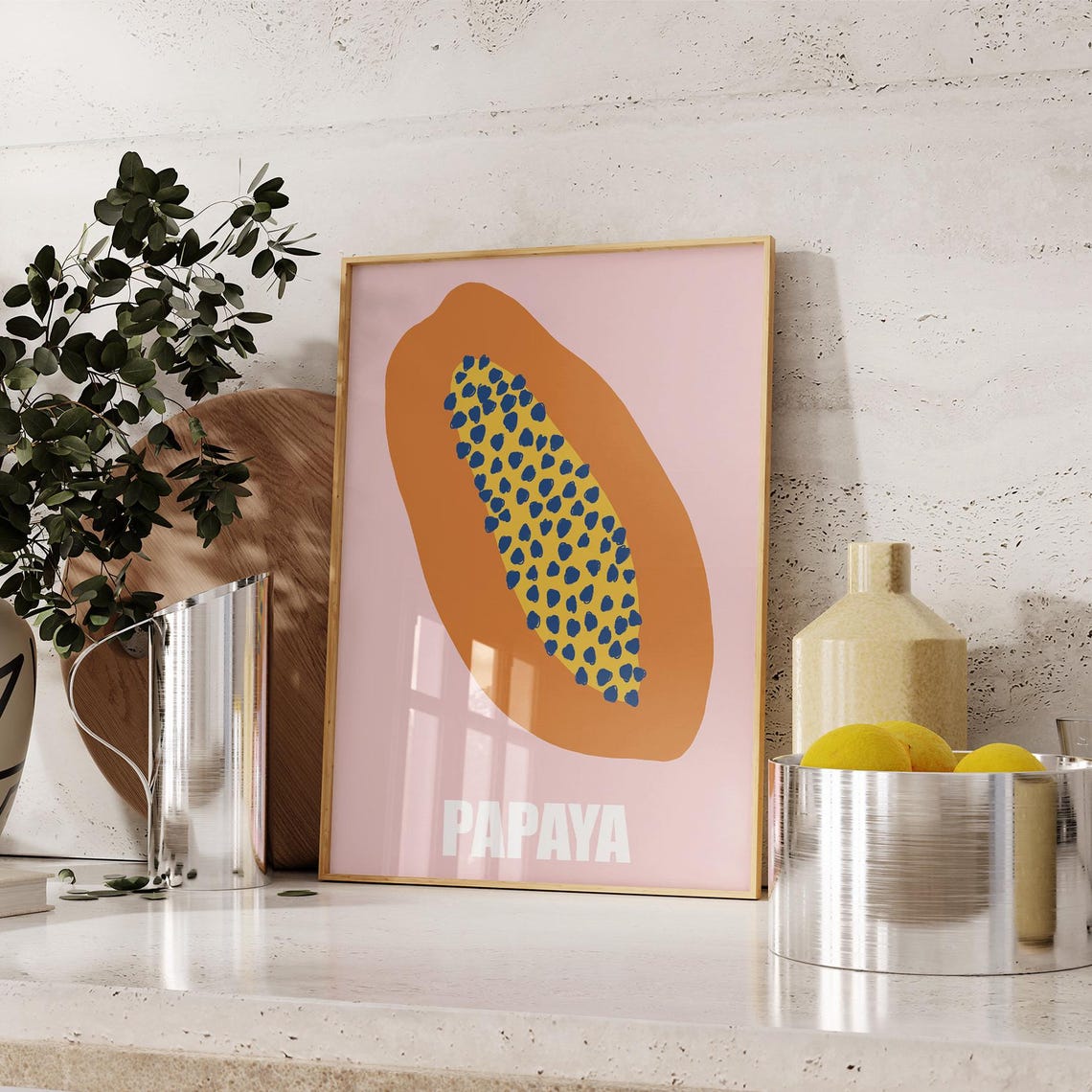 Papaya Bold Fruit Illustration Orange Blue Pink Kitchen Wall Art - Image 3