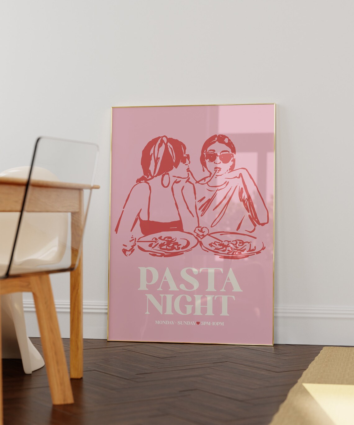 Pasta Night Pink Girls Dinner Party Illustration Trendy Kitchen Poster - Image 2