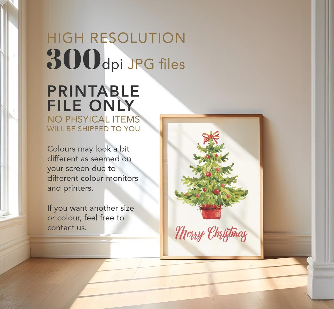 Merry Christmas Watercolor Christmas Tree Red Bow Holiday Wall Poster - Image 4