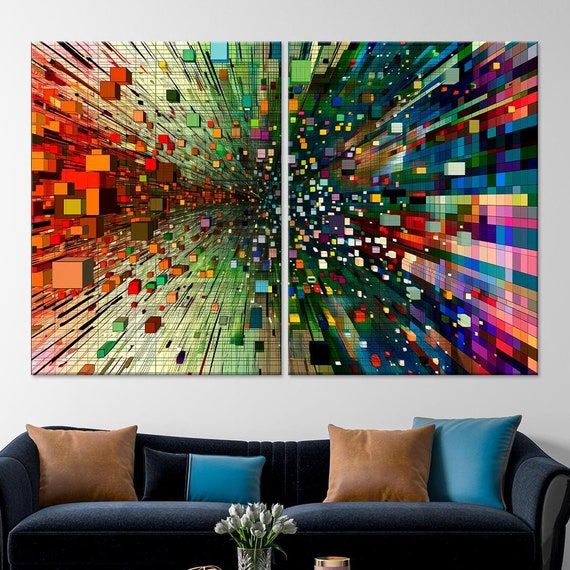 Virtual World Print Explosion Colorful Pixelated Squares Wall Art Abstract Cube Explosion Colorful Geometric Wall Art Tech Art