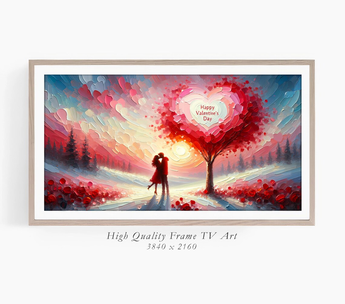 Happy Valentine's Day Heart Tree Couple Sunset Romantic Art Poster - Image 3