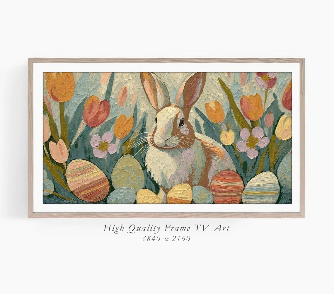 Easter Bunny Painted Eggs Tulips Impasto Spring Oil Painting Print - Image 3